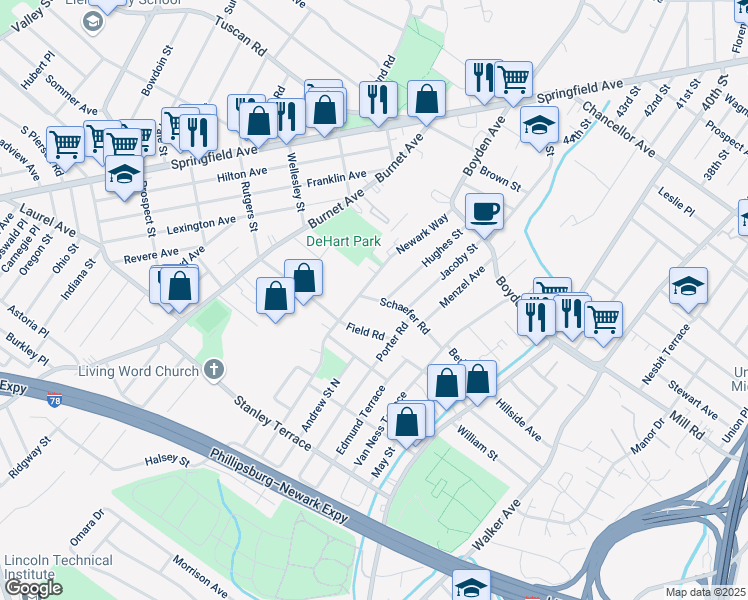 map of restaurants, bars, coffee shops, grocery stores, and more near 11 Schaefer Road in Maplewood