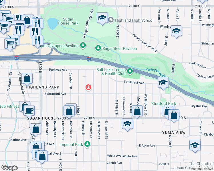 map of restaurants, bars, coffee shops, grocery stores, and more near 2534 South Imperial Street in Salt Lake City