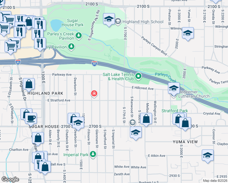 map of restaurants, bars, coffee shops, grocery stores, and more near 2534 South Imperial Street in Salt Lake City
