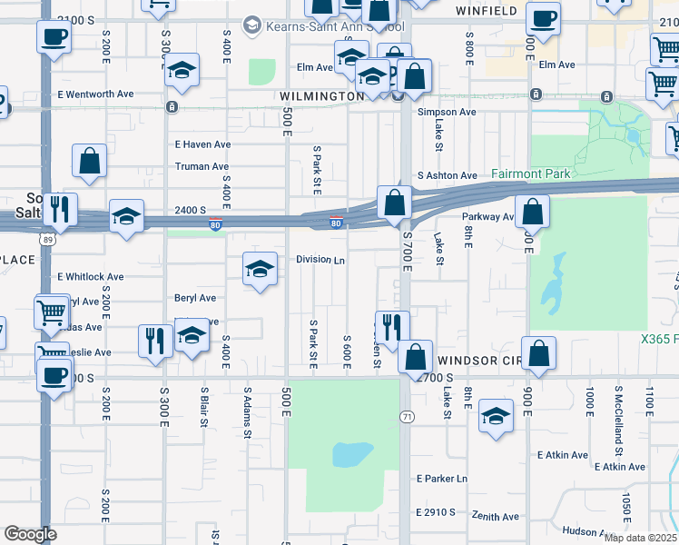 map of restaurants, bars, coffee shops, grocery stores, and more near 2510 South 600 East in Salt Lake City