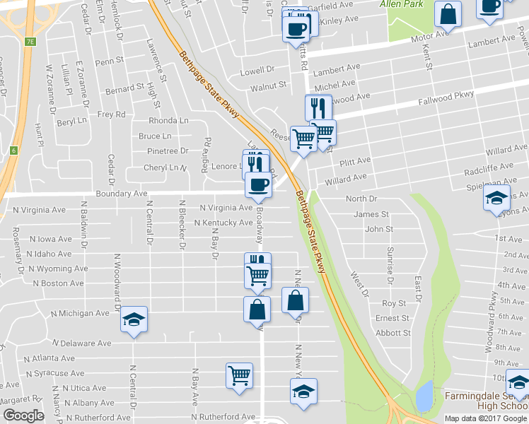 map of restaurants, bars, coffee shops, grocery stores, and more near 191 North Virginia Avenue in Massapequa