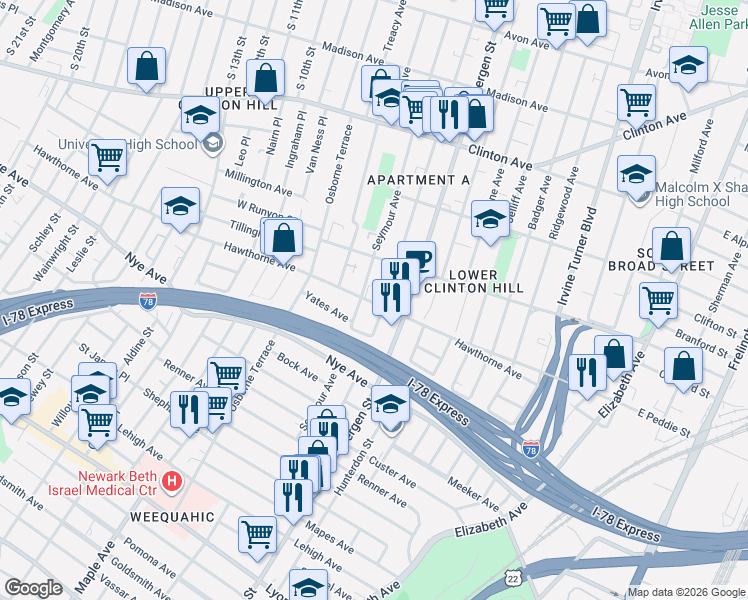 map of restaurants, bars, coffee shops, grocery stores, and more near in Newark