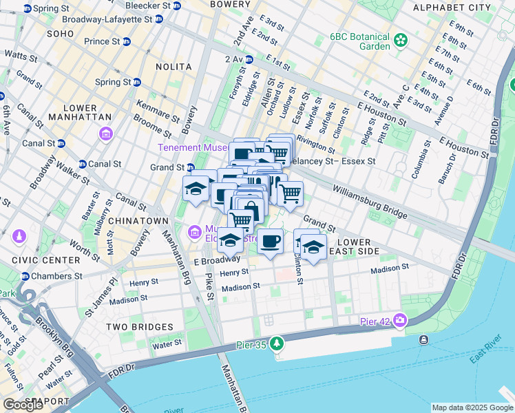 map of restaurants, bars, coffee shops, grocery stores, and more near 359 Grand Street in New York