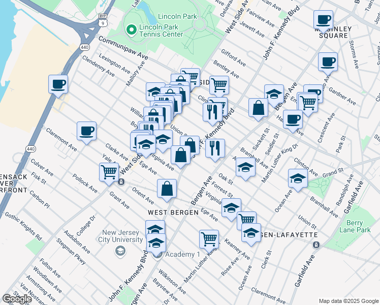 map of restaurants, bars, coffee shops, grocery stores, and more near 2271 John F. Kennedy Boulevard in Jersey City