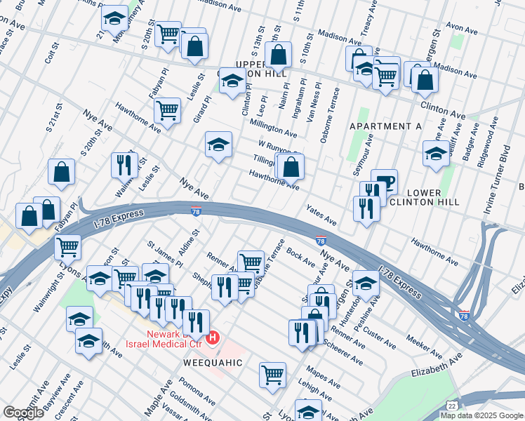 map of restaurants, bars, coffee shops, grocery stores, and more near 37 Schuyler Avenue in Newark