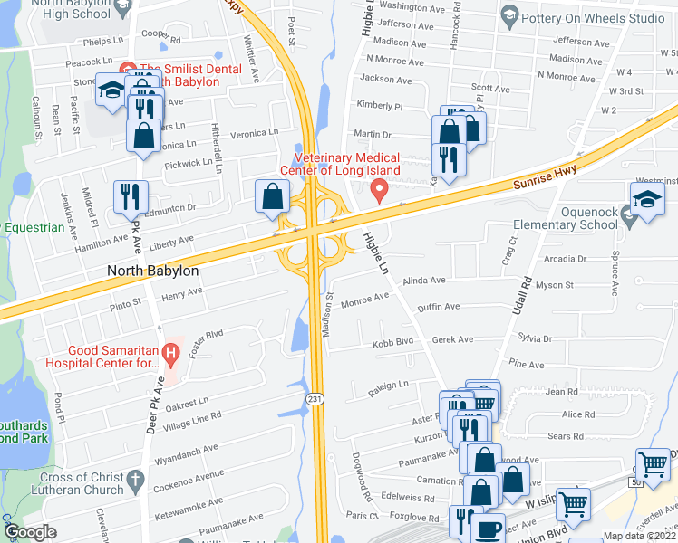 map of restaurants, bars, coffee shops, grocery stores, and more near 301 Independence Avenue in West Islip