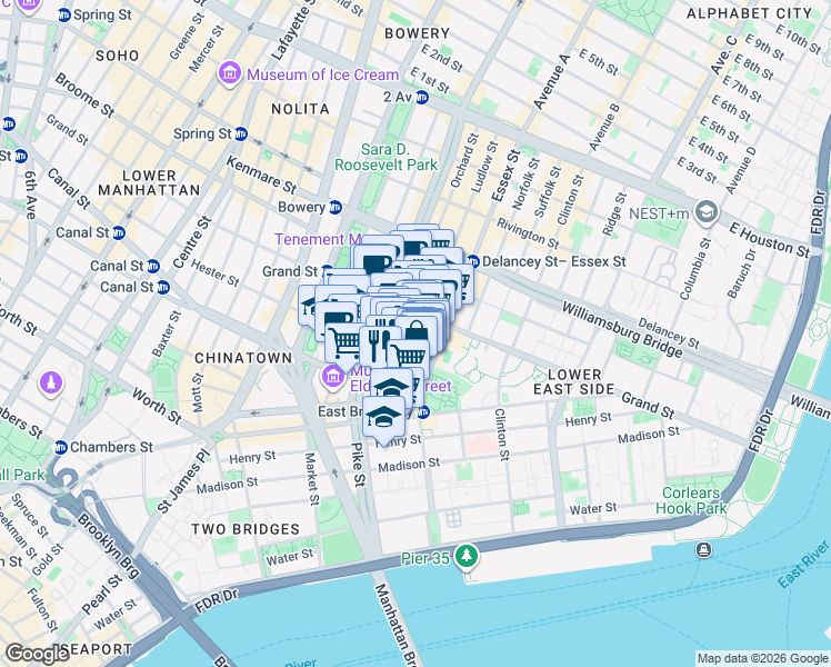 map of restaurants, bars, coffee shops, grocery stores, and more near 47 Ludlow Street in New York