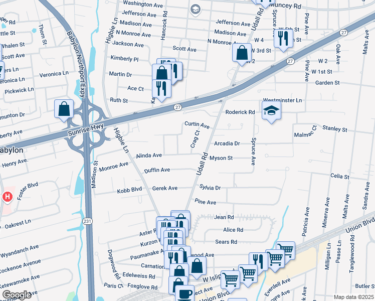 map of restaurants, bars, coffee shops, grocery stores, and more near 84 Alinda Avenue in West Islip