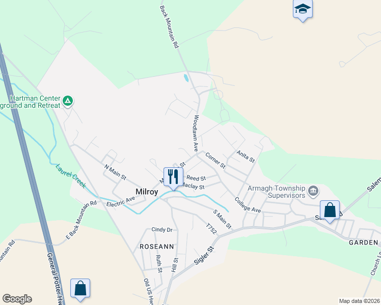 map of restaurants, bars, coffee shops, grocery stores, and more near 180 Mechanic St in Milroy