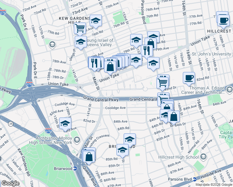 map of restaurants, bars, coffee shops, grocery stores, and more near 144-27 Grand Central Parkway in Queens