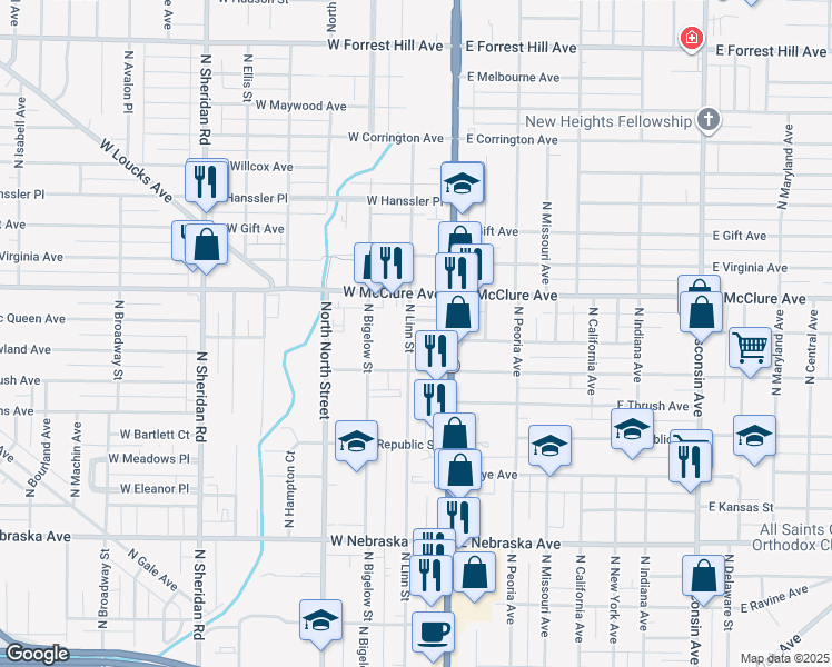 map of restaurants, bars, coffee shops, grocery stores, and more near 2400 North Linn Street in Peoria