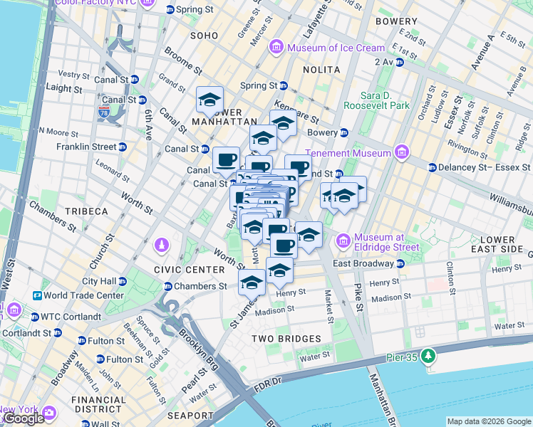map of restaurants, bars, coffee shops, grocery stores, and more near 64 Mott Street in New York