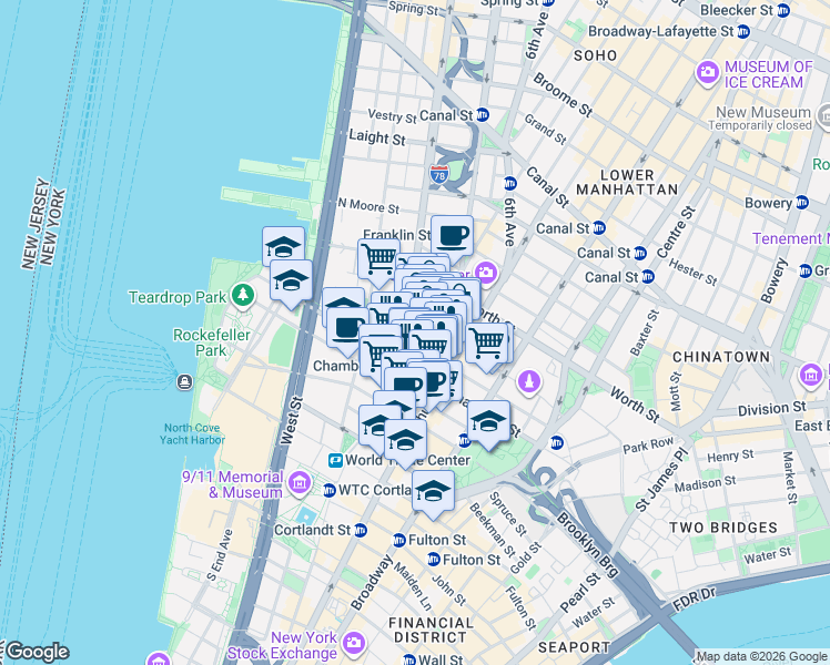 map of restaurants, bars, coffee shops, grocery stores, and more near in New York