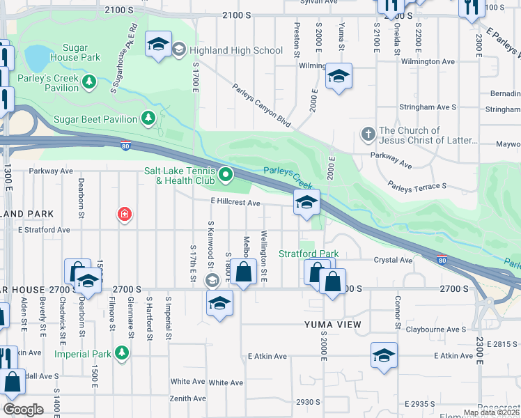 map of restaurants, bars, coffee shops, grocery stores, and more near 2549 Melbourne Street in Salt Lake City