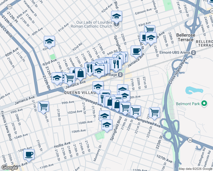 map of restaurants, bars, coffee shops, grocery stores, and more near 98-17 217th Lane in Queens