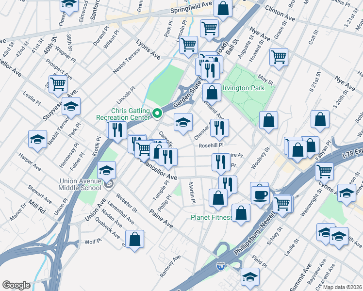 map of restaurants, bars, coffee shops, grocery stores, and more near 106 Berkshire Place in Irvington