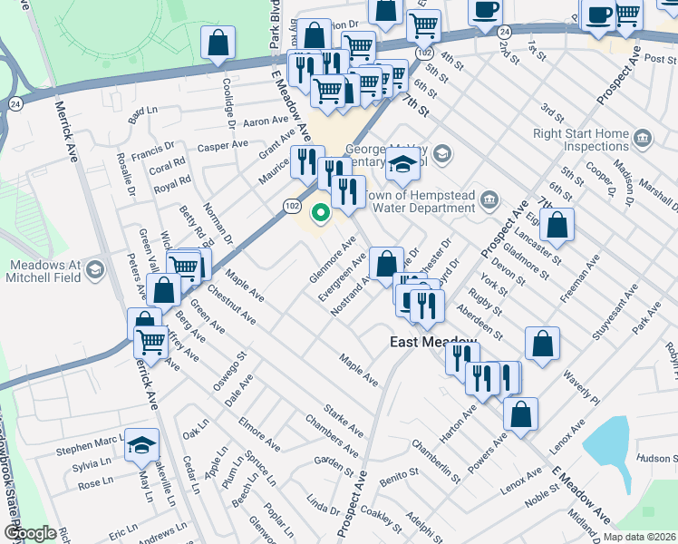 map of restaurants, bars, coffee shops, grocery stores, and more near 1797 Nostrand Avenue in East Meadow
