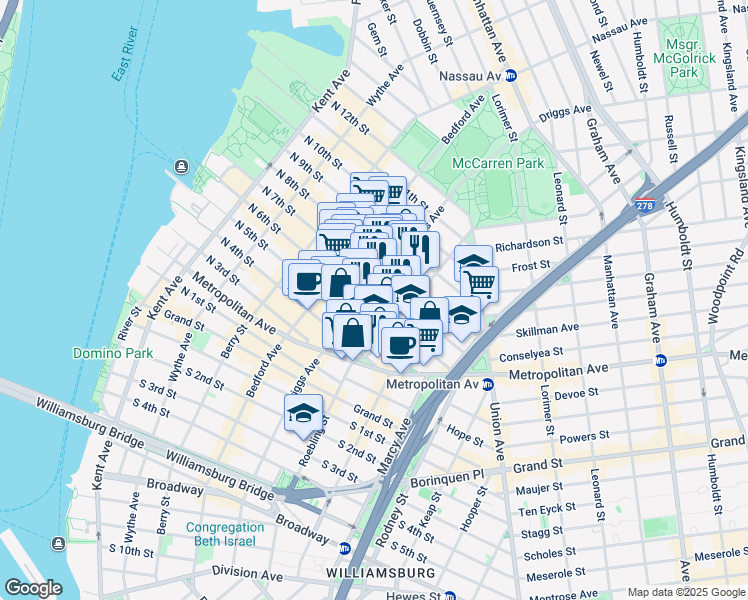 map of restaurants, bars, coffee shops, grocery stores, and more near 88 Roebling Street in Brooklyn