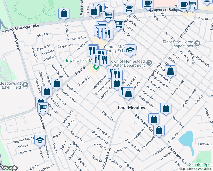 map of restaurants, bars, coffee shops, grocery stores, and more near 1800 Evergreen Avenue in East Meadow