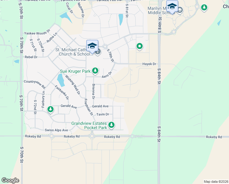 map of restaurants, bars, coffee shops, grocery stores, and more near Gerald Avenue in Lincoln
