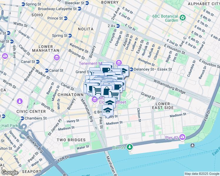 map of restaurants, bars, coffee shops, grocery stores, and more near 50-52 Eldridge Street in New York