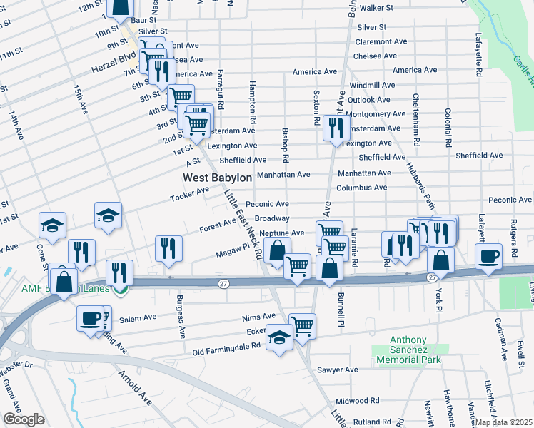 map of restaurants, bars, coffee shops, grocery stores, and more near 34 Broadway in West Babylon