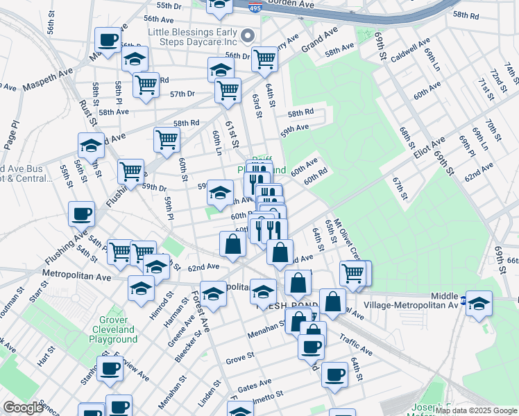 map of restaurants, bars, coffee shops, grocery stores, and more near in Queens