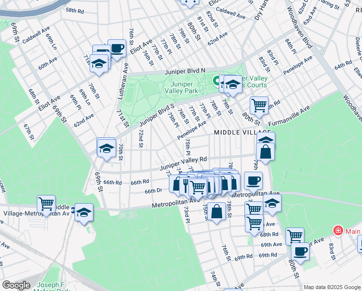 map of restaurants, bars, coffee shops, grocery stores, and more near 64-27 75th Street in Queens
