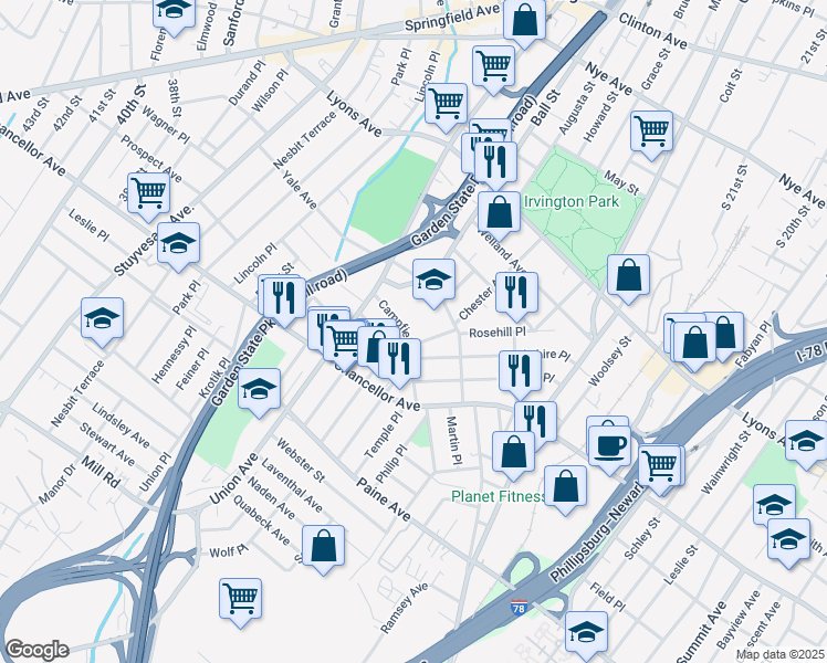 map of restaurants, bars, coffee shops, grocery stores, and more near in Irvington
