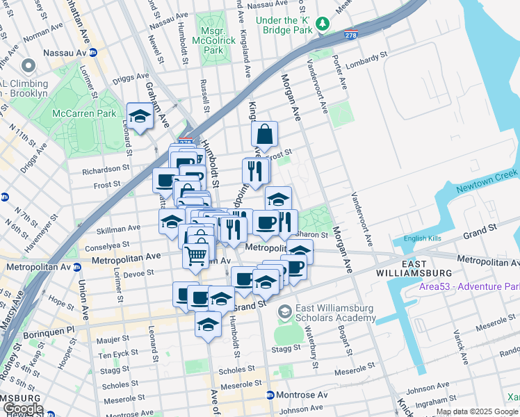 map of restaurants, bars, coffee shops, grocery stores, and more near 17 Kingsland Avenue in Brooklyn