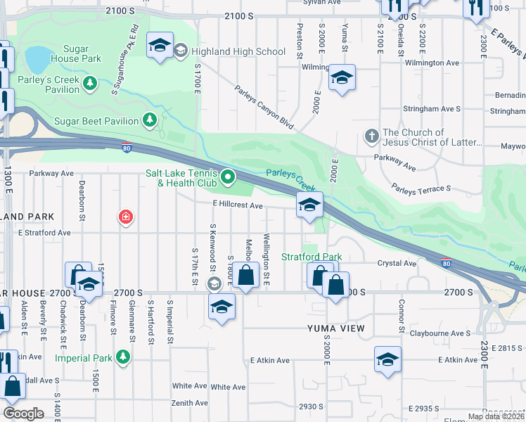 map of restaurants, bars, coffee shops, grocery stores, and more near 2549 Melbourne Street in Salt Lake City