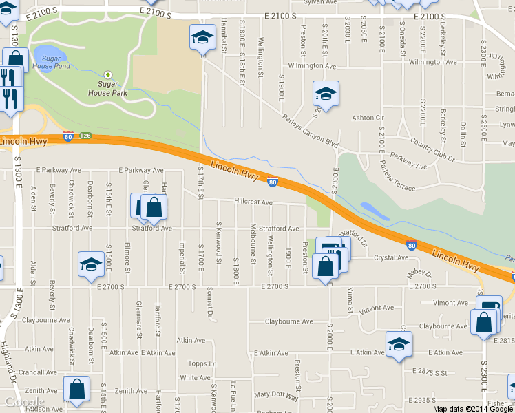 map of restaurants, bars, coffee shops, grocery stores, and more near 2549 Melbourne Street in Salt Lake City
