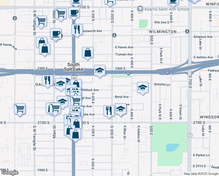 map of restaurants, bars, coffee shops, grocery stores, and more near 262 East Whitlock Avenue in South Salt Lake