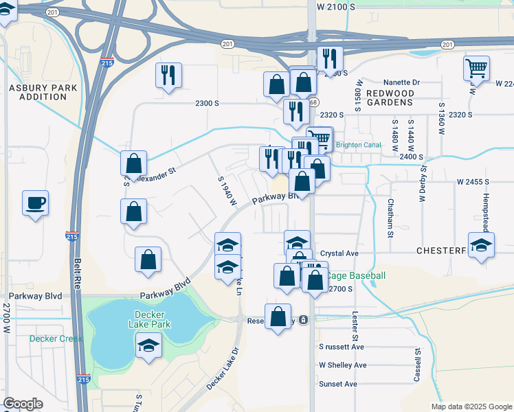 map of restaurants, bars, coffee shops, grocery stores, and more near 2530 South Lakecrest Drive in West Valley City
