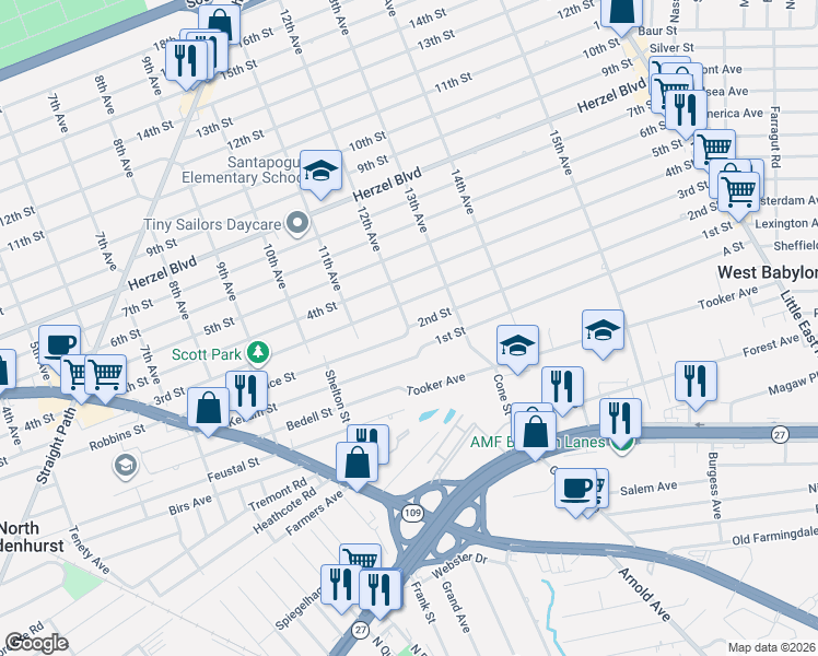 map of restaurants, bars, coffee shops, grocery stores, and more near 269 Kellum Street in West Babylon