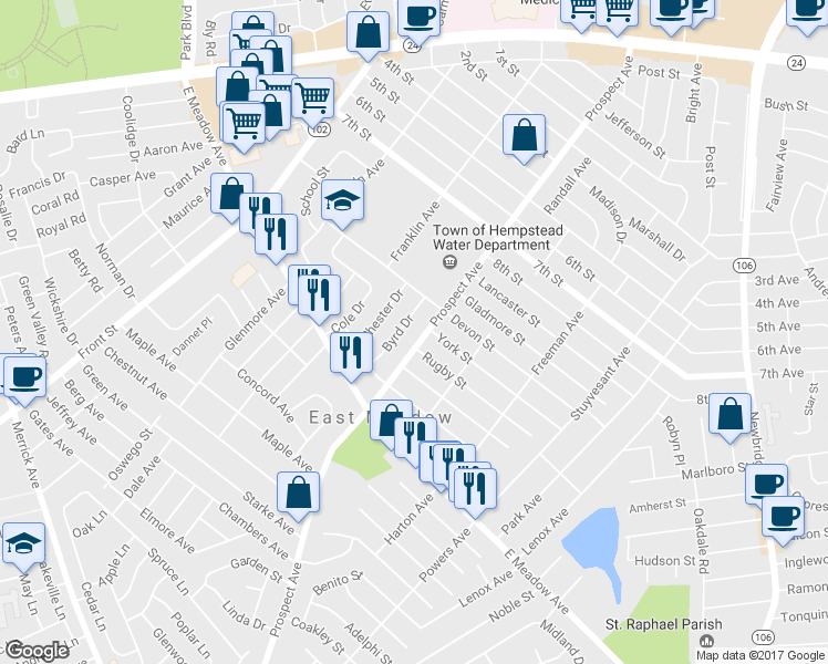 map of restaurants, bars, coffee shops, grocery stores, and more near 2349 Rugby Street in East Meadow