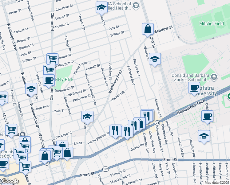 map of restaurants, bars, coffee shops, grocery stores, and more near 174 Westbury Boulevard in Hempstead