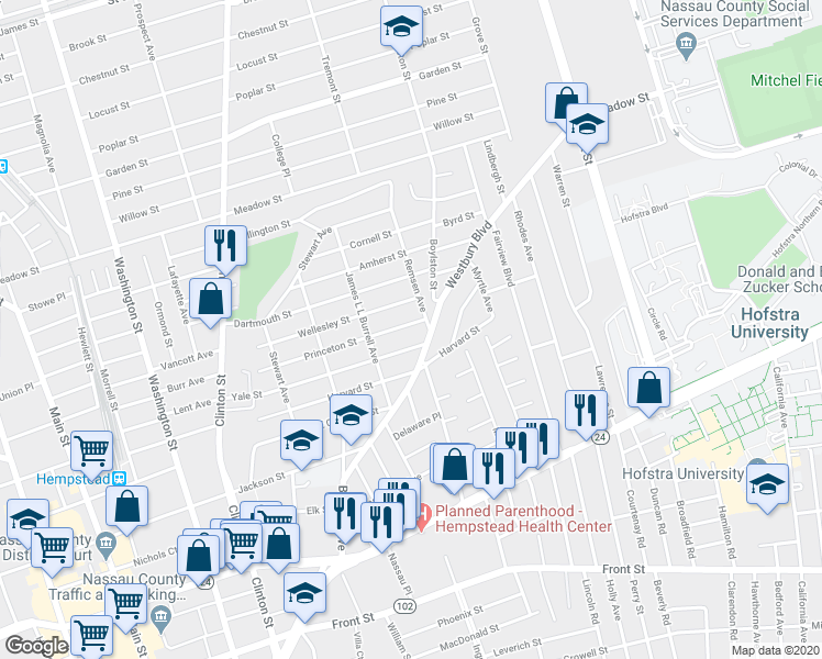 map of restaurants, bars, coffee shops, grocery stores, and more near 299 Yale Street in Hempstead