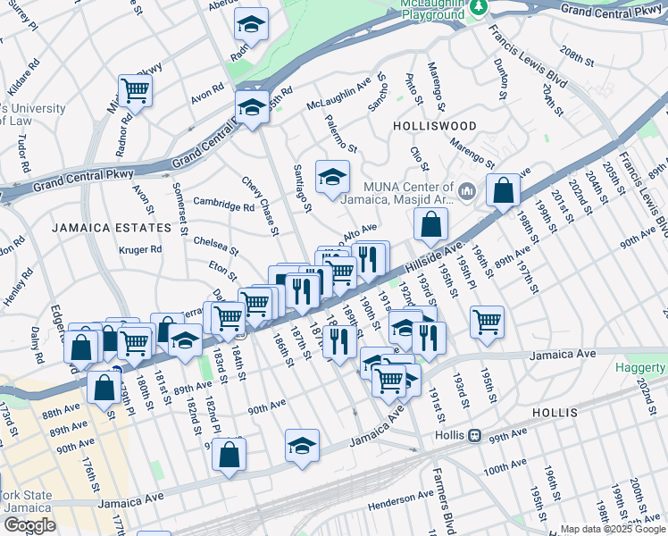 map of restaurants, bars, coffee shops, grocery stores, and more near 188-11 Hillside Avenue in Queens