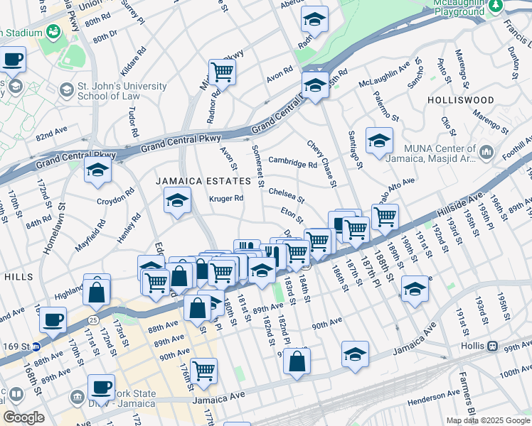 map of restaurants, bars, coffee shops, grocery stores, and more near 182-30 Dalny Road in Queens