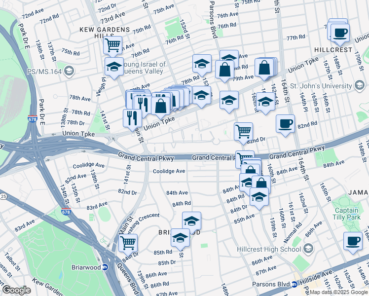 map of restaurants, bars, coffee shops, grocery stores, and more near 147-15 Grand Central Parkway in Queens