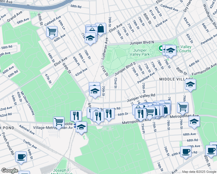 map of restaurants, bars, coffee shops, grocery stores, and more near 6405 71st Street in Queens