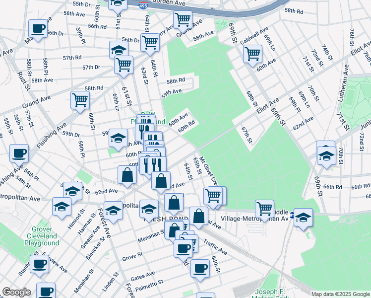 map of restaurants, bars, coffee shops, grocery stores, and more near 63-13 Eliot Avenue in Queens