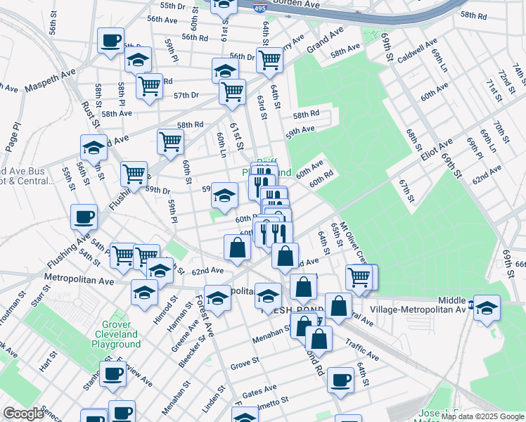 map of restaurants, bars, coffee shops, grocery stores, and more near in Queens
