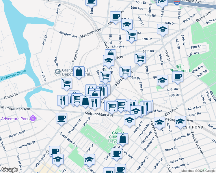 map of restaurants, bars, coffee shops, grocery stores, and more near 55-03 Flushing Avenue in Queens
