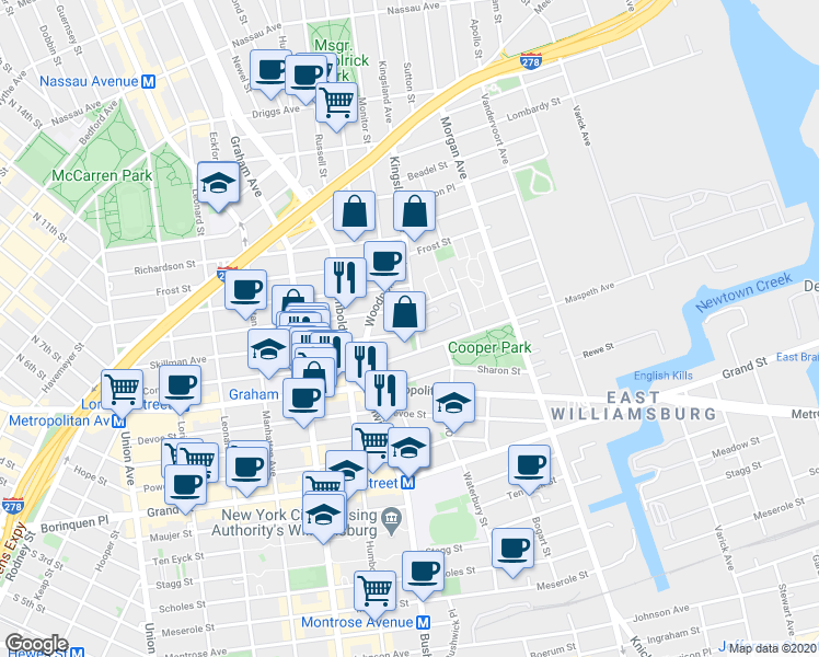 map of restaurants, bars, coffee shops, grocery stores, and more near 240A Skillman Avenue in Brooklyn