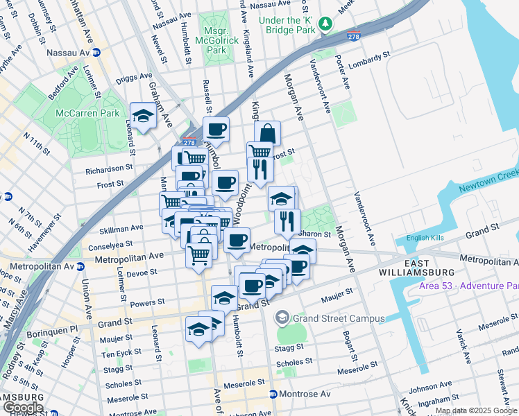 map of restaurants, bars, coffee shops, grocery stores, and more near 240A Skillman Avenue in Brooklyn