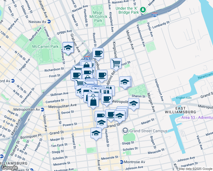 map of restaurants, bars, coffee shops, grocery stores, and more near 220 Skillman Avenue in Brooklyn