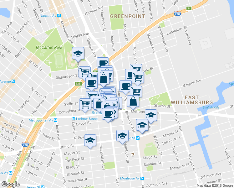map of restaurants, bars, coffee shops, grocery stores, and more near 176 Skillman Avenue in Brooklyn