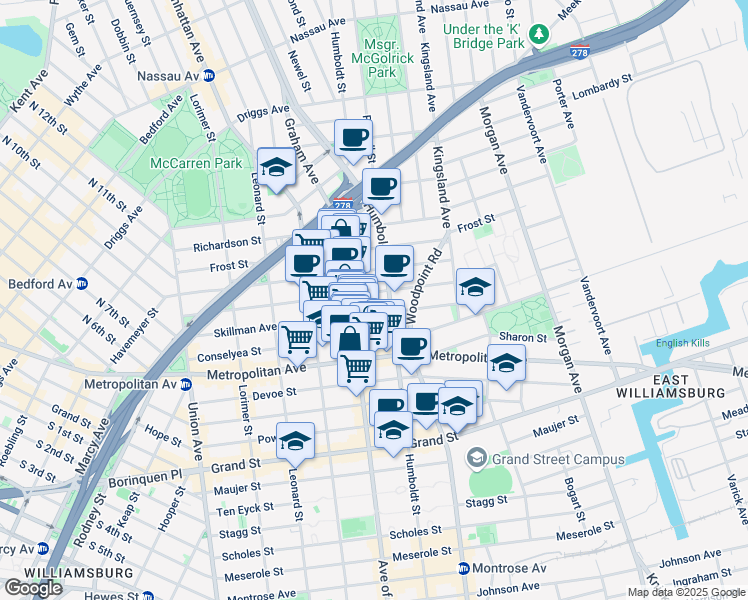 map of restaurants, bars, coffee shops, grocery stores, and more near 176 Skillman Avenue in Brooklyn